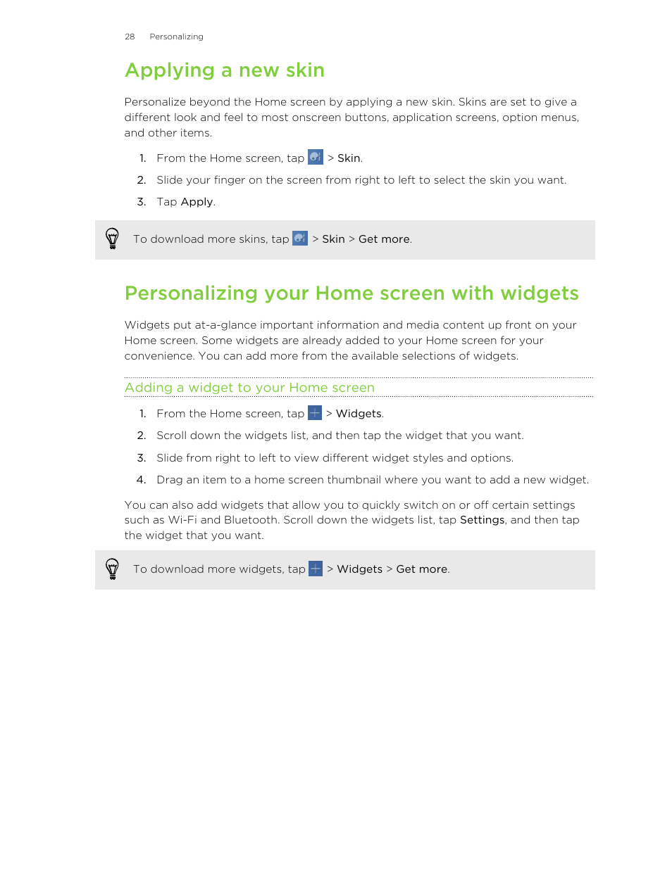 Applying a new skin, Personalizing your home screen with widgets, Adding a widget to your home screen | HTC Jetstream User Manual | Page 28 / 174