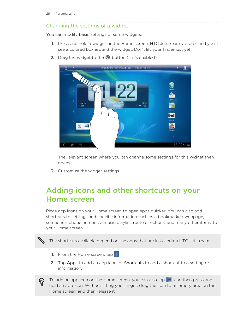 Changing the settings of a widget | HTC Jetstream User Manual | Page 29 / 174