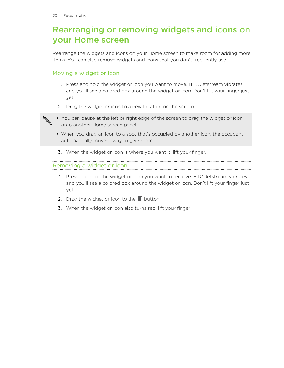 Moving a widget or icon, Removing a widget or icon | HTC Jetstream User Manual | Page 30 / 174