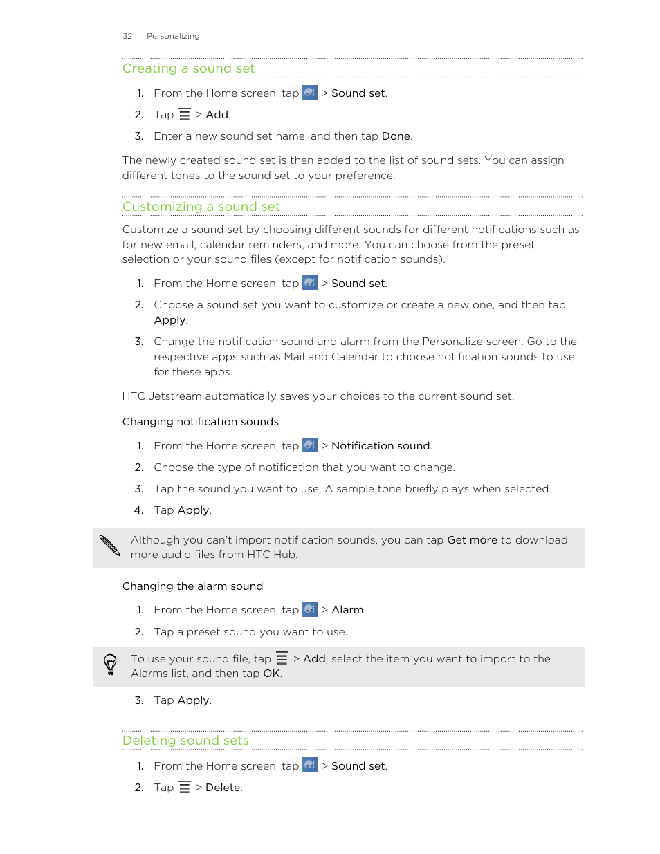 Creating a sound set, Customizing a sound set, Changing notification sounds | Changing the alarm sound, Deleting sound sets | HTC Jetstream User Manual | Page 32 / 174