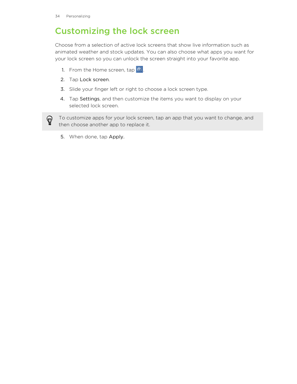 Customizing the lock screen | HTC Jetstream User Manual | Page 34 / 174