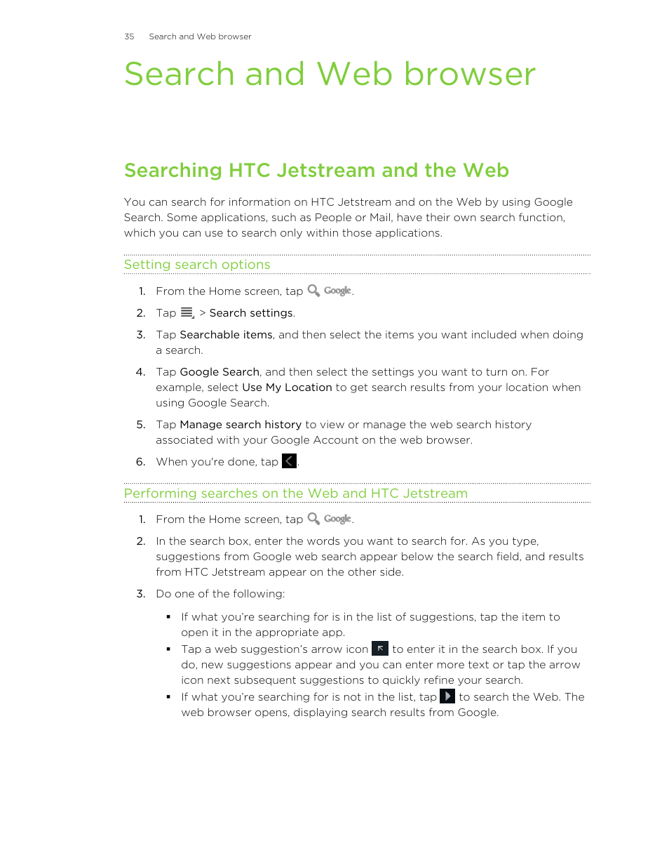 Search and web browser, Searching htc jetstream and the web, Setting search options | Performing searches on the web and htc jetstream | HTC Jetstream User Manual | Page 35 / 174