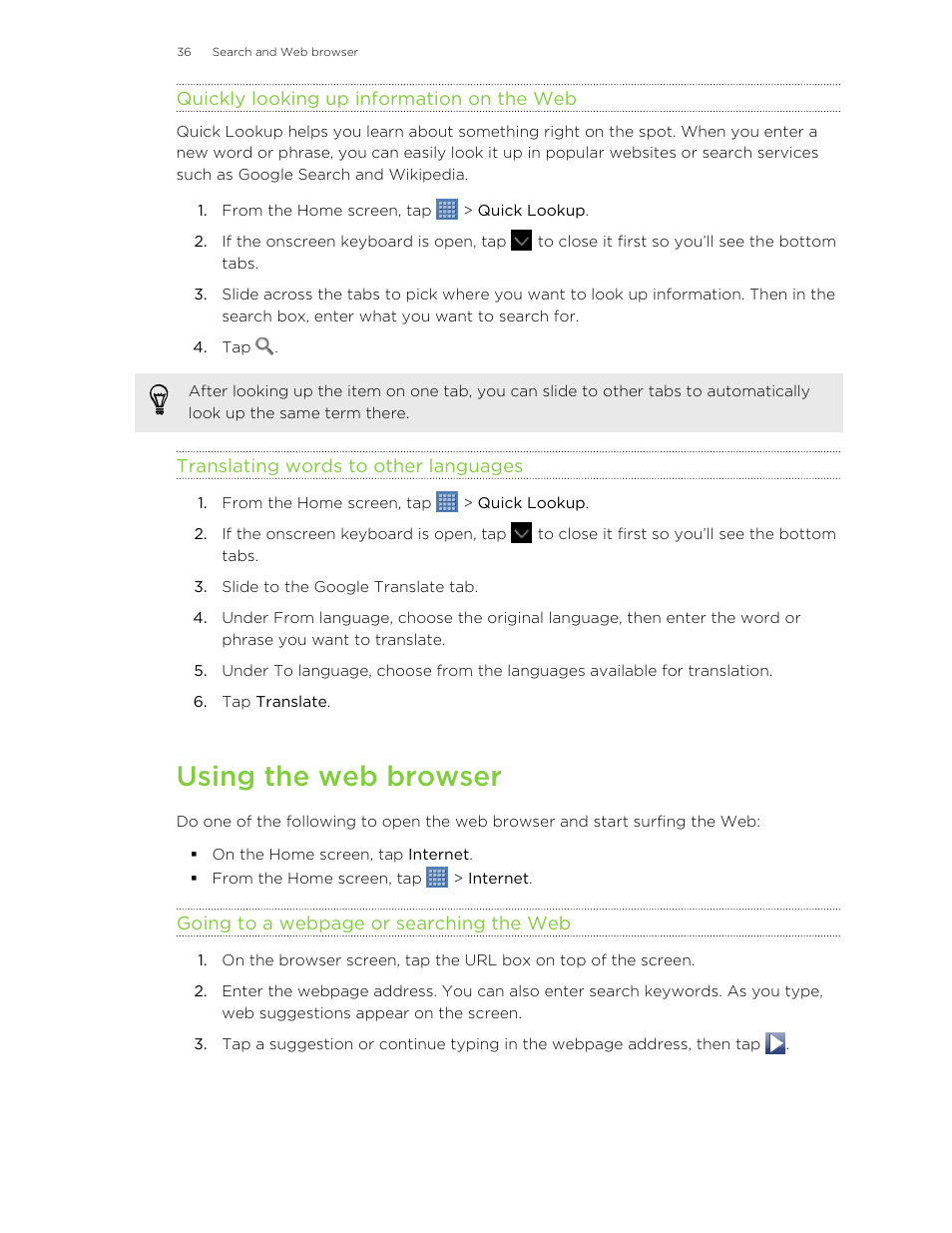 Quickly looking up information on the web, Translating words to other languages, Using the web browser | HTC Jetstream User Manual | Page 36 / 174