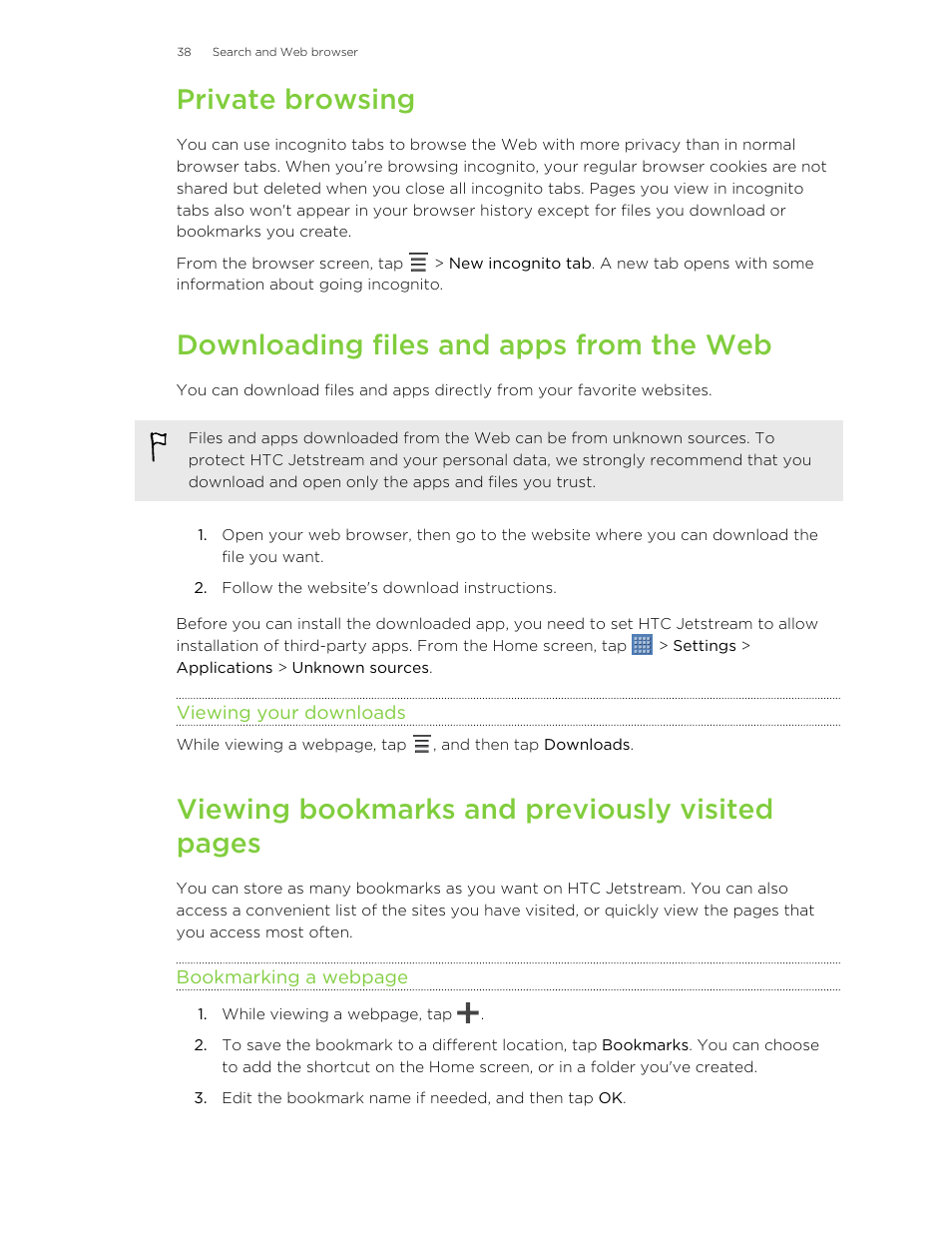 Private browsing, Downloading files and apps from the web, Viewing your downloads | Viewing bookmarks and previously visited pages | HTC Jetstream User Manual | Page 38 / 174