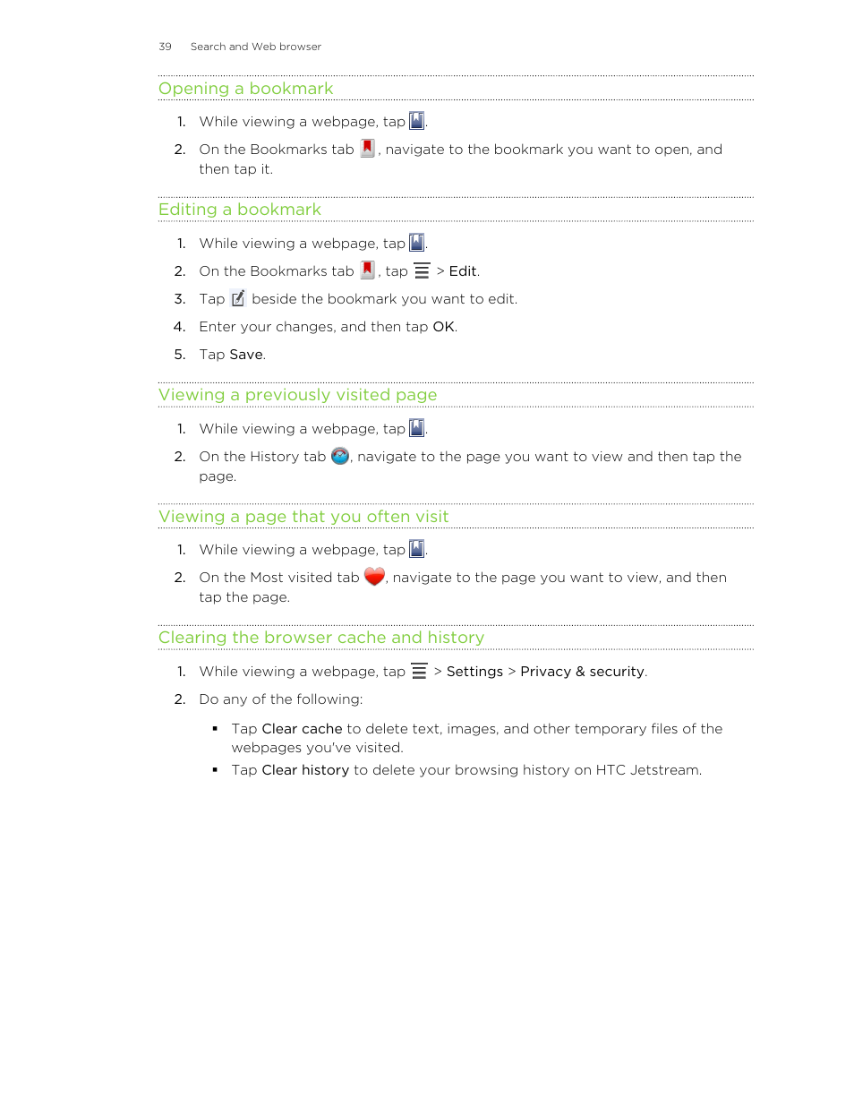 Opening a bookmark, Editing a bookmark, Clearing the browser cache and history | HTC Jetstream User Manual | Page 39 / 174