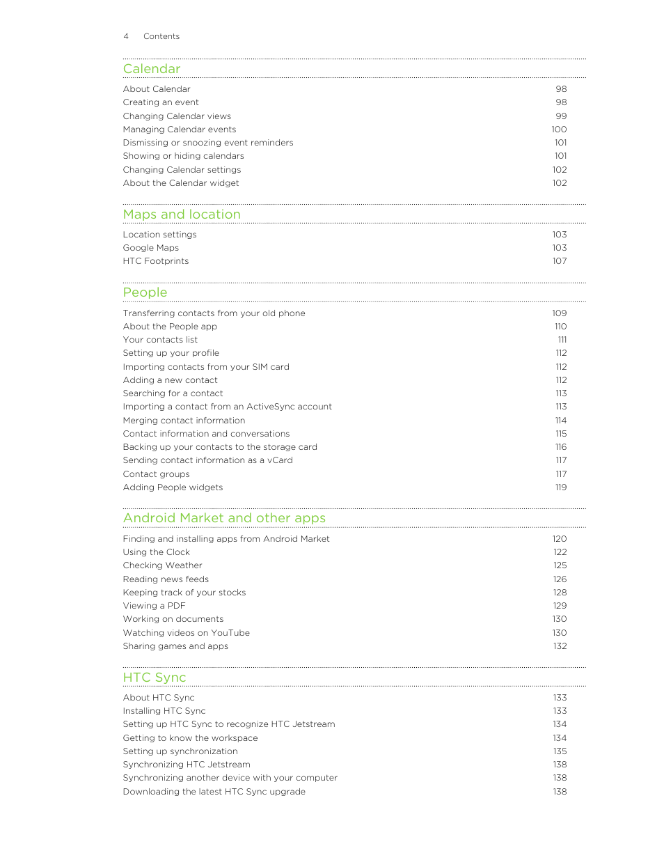 Calendar, Maps and location, People | Android market and other apps, Htc sync | HTC Jetstream User Manual | Page 4 / 174
