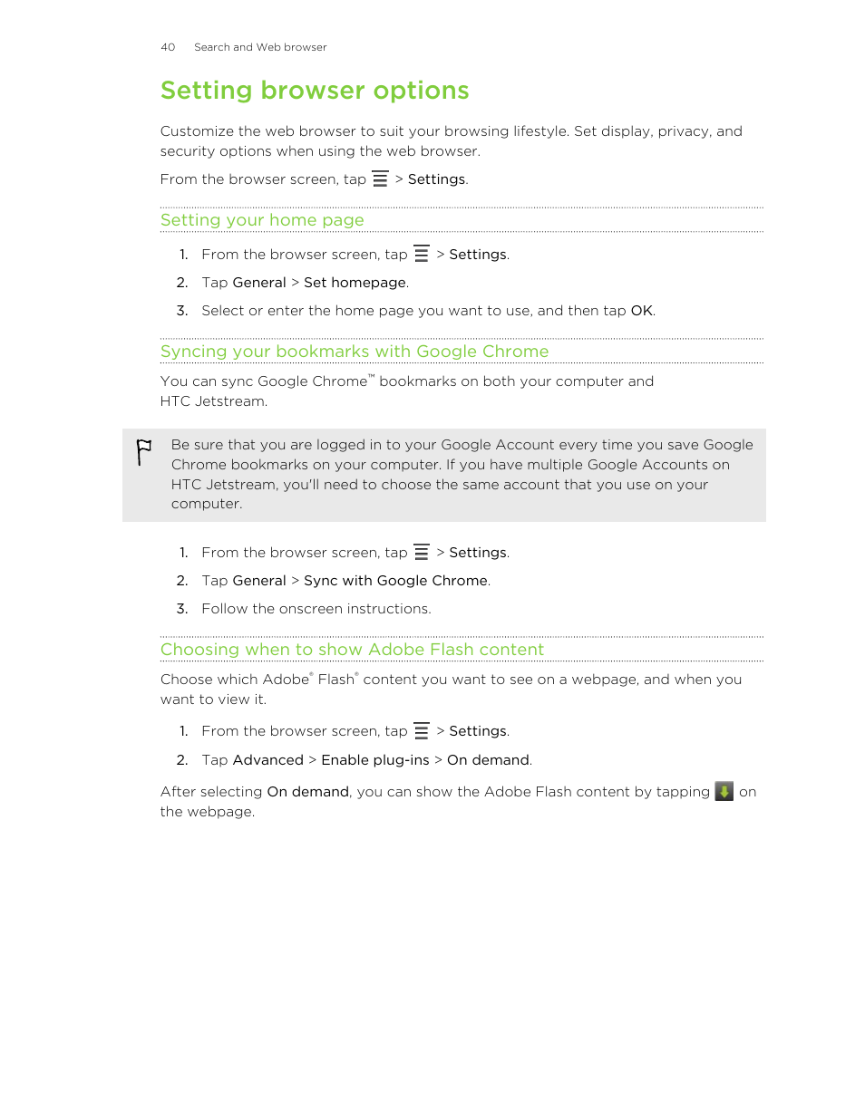 Setting browser options, Syncing your bookmarks with google chrome, Choosing when to show adobe flash content | HTC Jetstream User Manual | Page 40 / 174