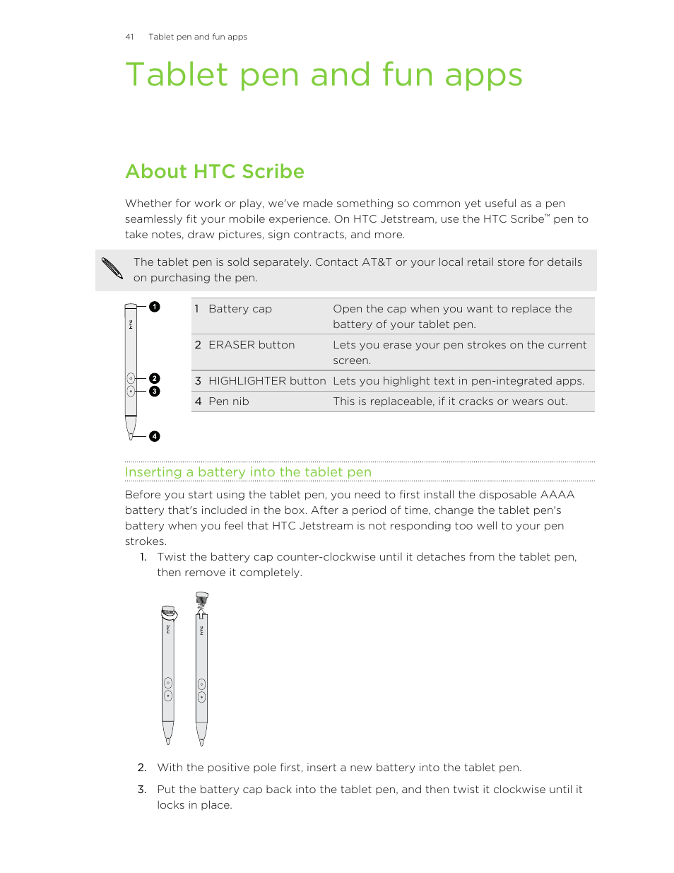 Tablet pen and fun apps, About htc scribe, Inserting a battery into the tablet pen | HTC Jetstream User Manual | Page 41 / 174