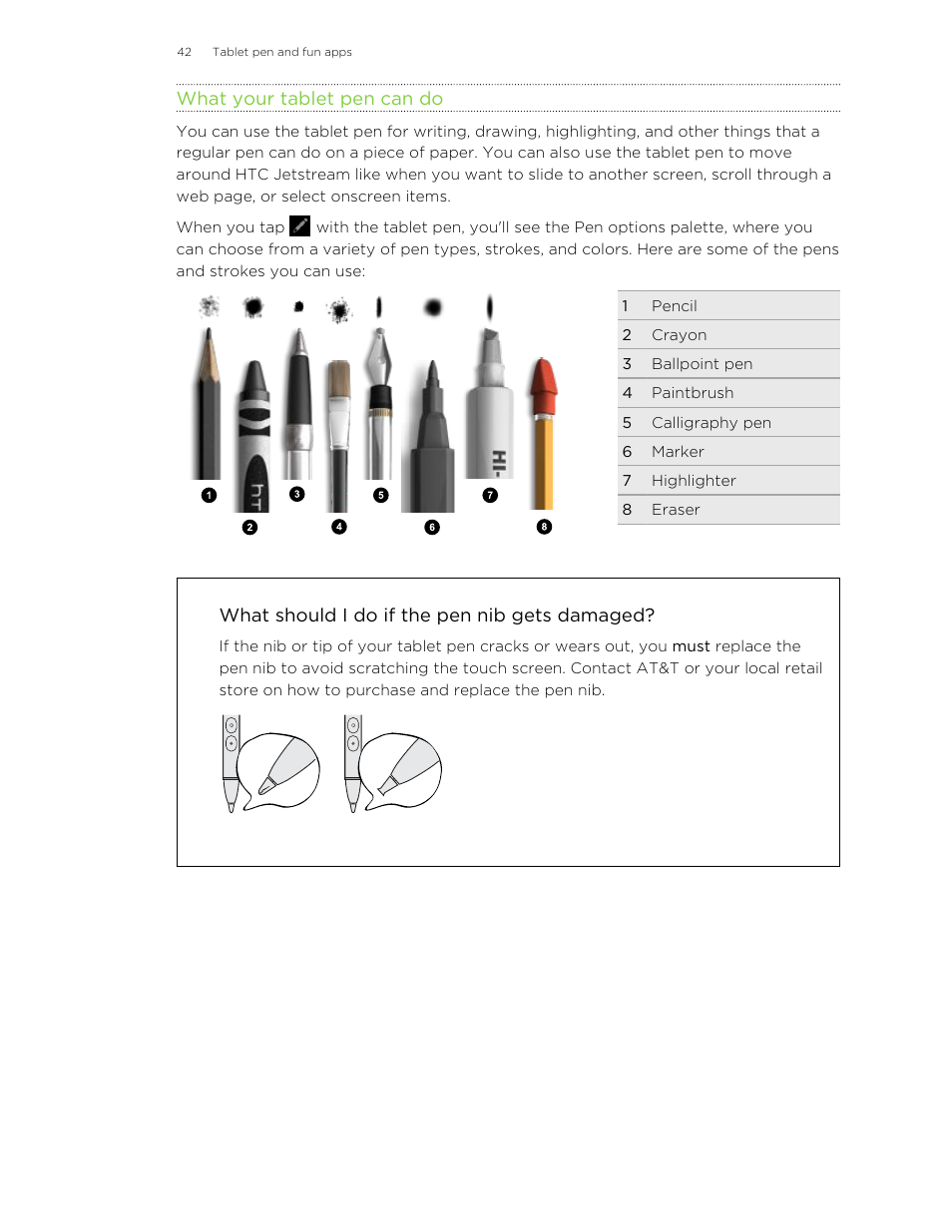 What your tablet pen can do, What should i do if the pen nib gets damaged | HTC Jetstream User Manual | Page 42 / 174