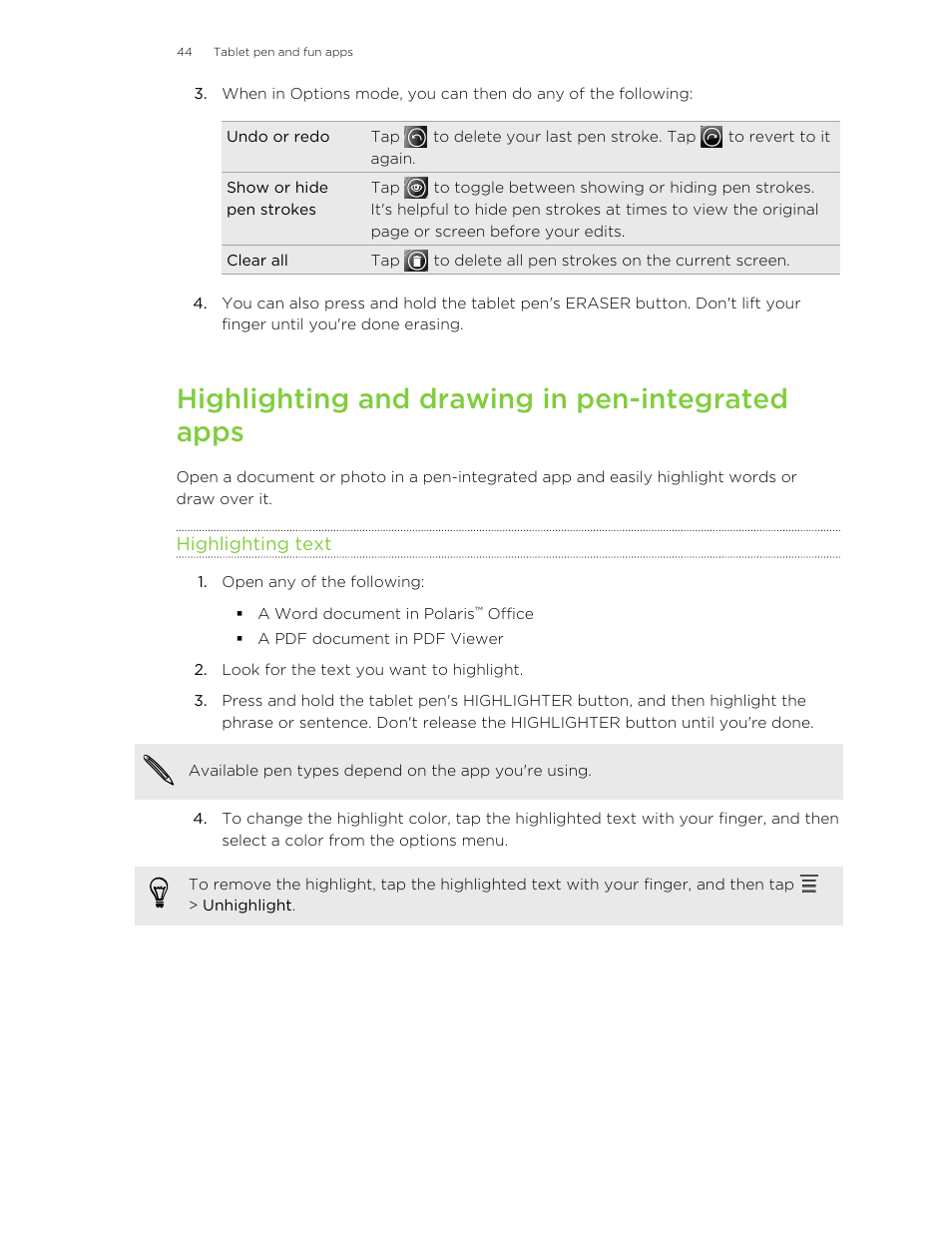 Highlighting and drawing in pen-integrated apps, Highlighting text | HTC Jetstream User Manual | Page 44 / 174