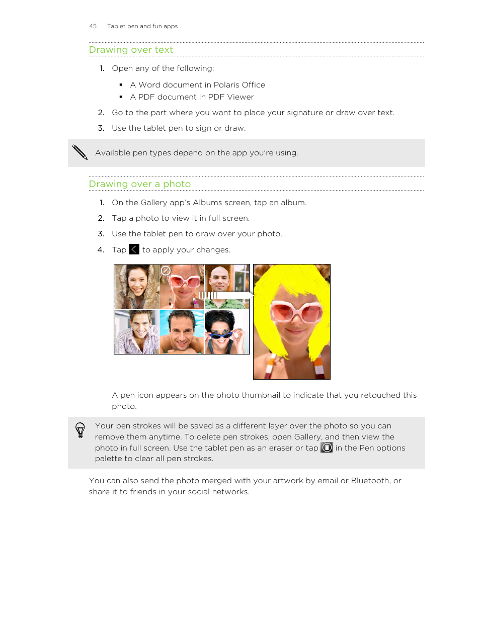 Drawing over text, Drawing over a photo | HTC Jetstream User Manual | Page 45 / 174