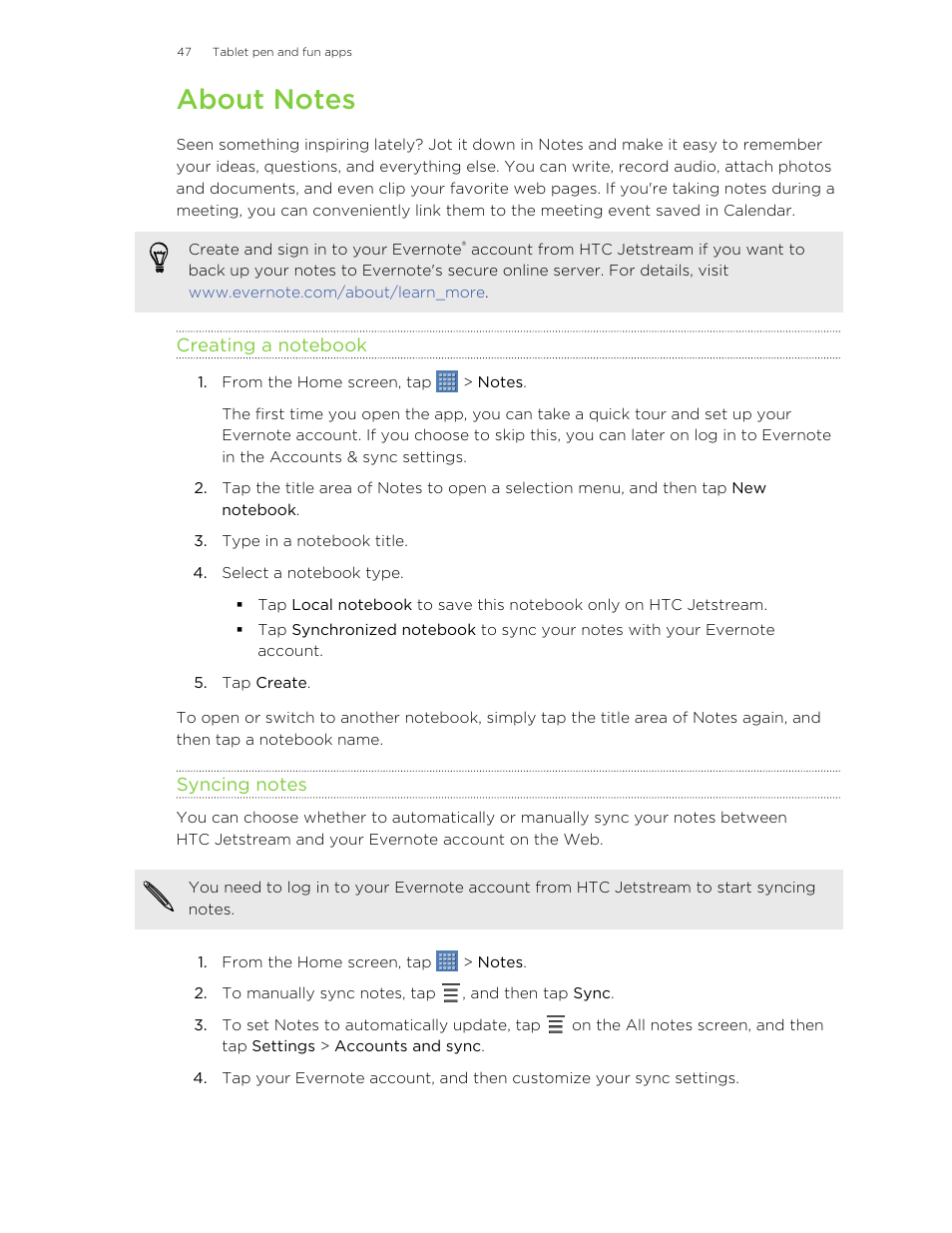 About notes, Creating a notebook, Syncing notes | HTC Jetstream User Manual | Page 47 / 174