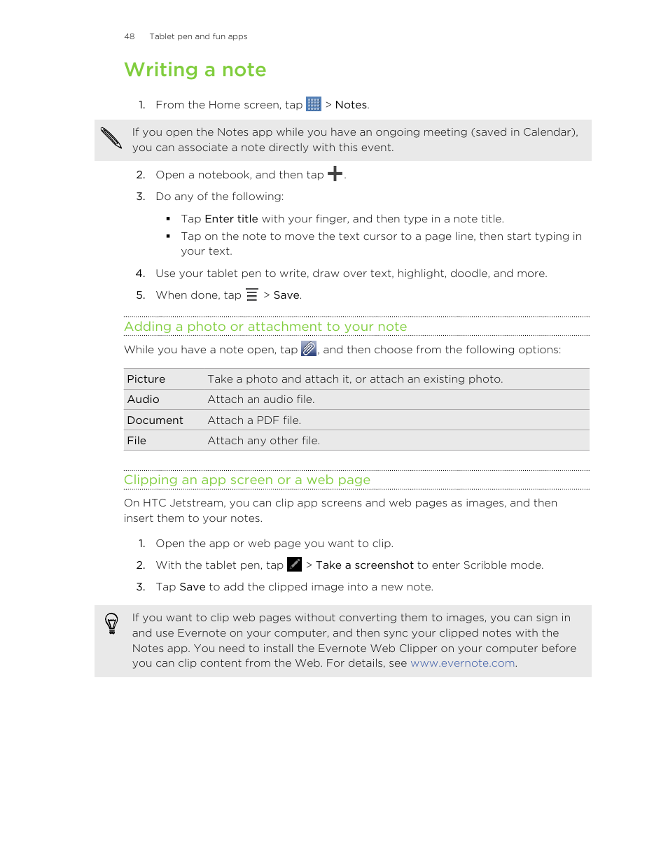 Writing a note, Adding a photo or attachment to your note | HTC Jetstream User Manual | Page 48 / 174