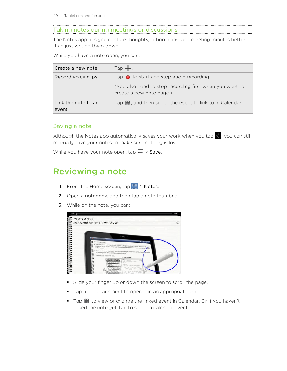 Taking notes during meetings or discussions, Saving a note, Reviewing a note | HTC Jetstream User Manual | Page 49 / 174