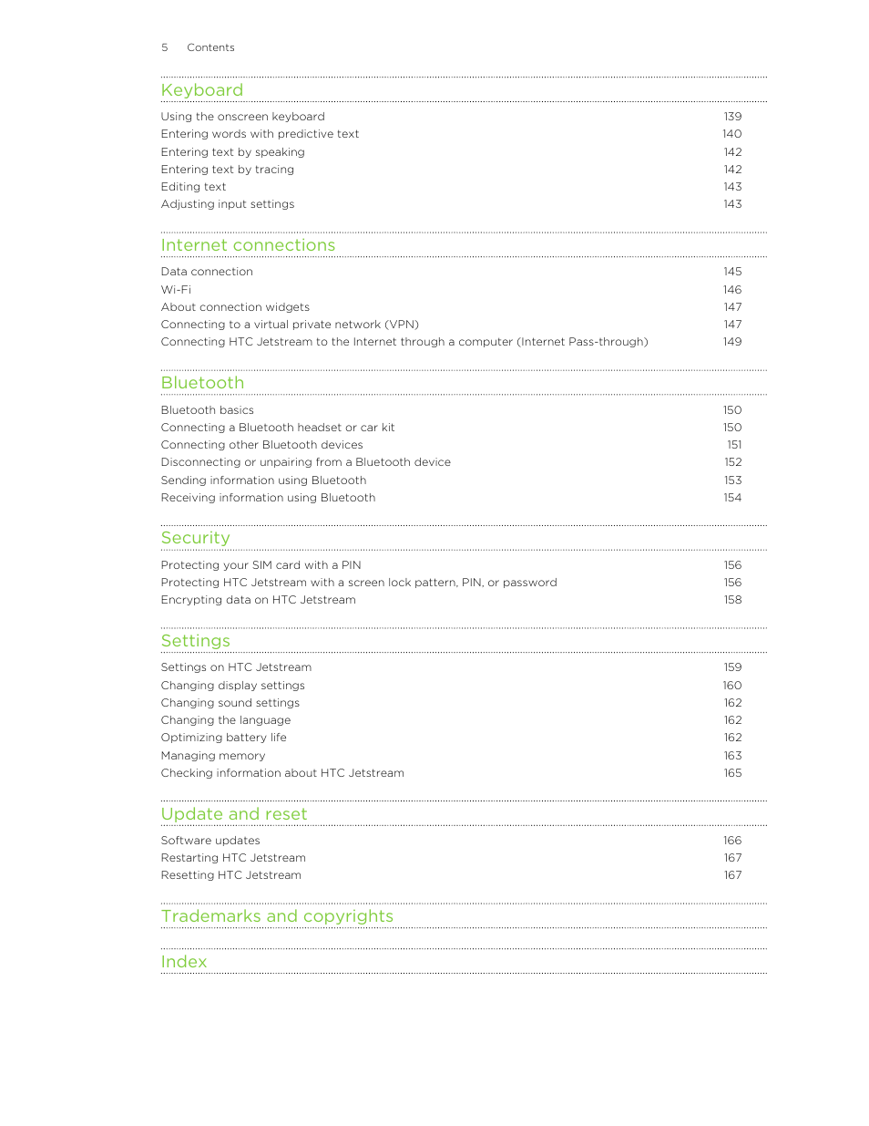 Keyboard, Internet connections, Bluetooth | Security, Settings, Update and reset, Trademarks and copyrights index | HTC Jetstream User Manual | Page 5 / 174