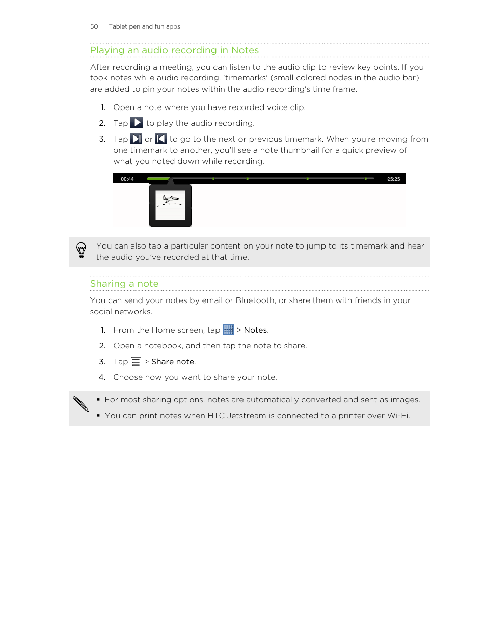 Playing an audio recording in notes, Sharing a note | HTC Jetstream User Manual | Page 50 / 174