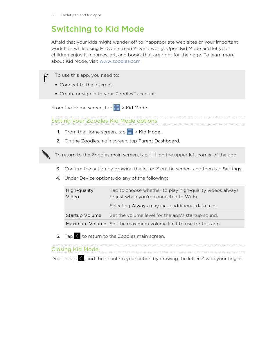 Switching to kid mode, Setting your zoodles kid mode options, Closing kid mode | HTC Jetstream User Manual | Page 51 / 174