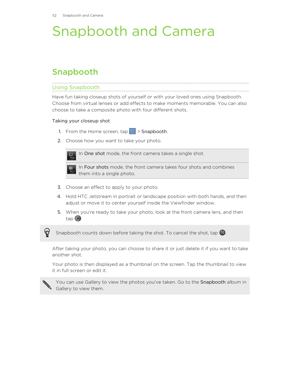 Snapbooth and camera, Snapbooth, Using snapbooth | Taking your closeup shot | HTC Jetstream User Manual | Page 52 / 174