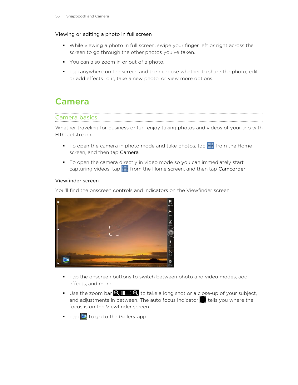 Viewing or editing a photo in full screen, Camera, Camera basics | Viewfinder screen | HTC Jetstream User Manual | Page 53 / 174