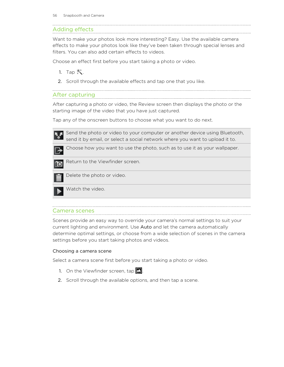 Adding effects, After capturing, Camera scenes | Choosing a camera scene | HTC Jetstream User Manual | Page 56 / 174