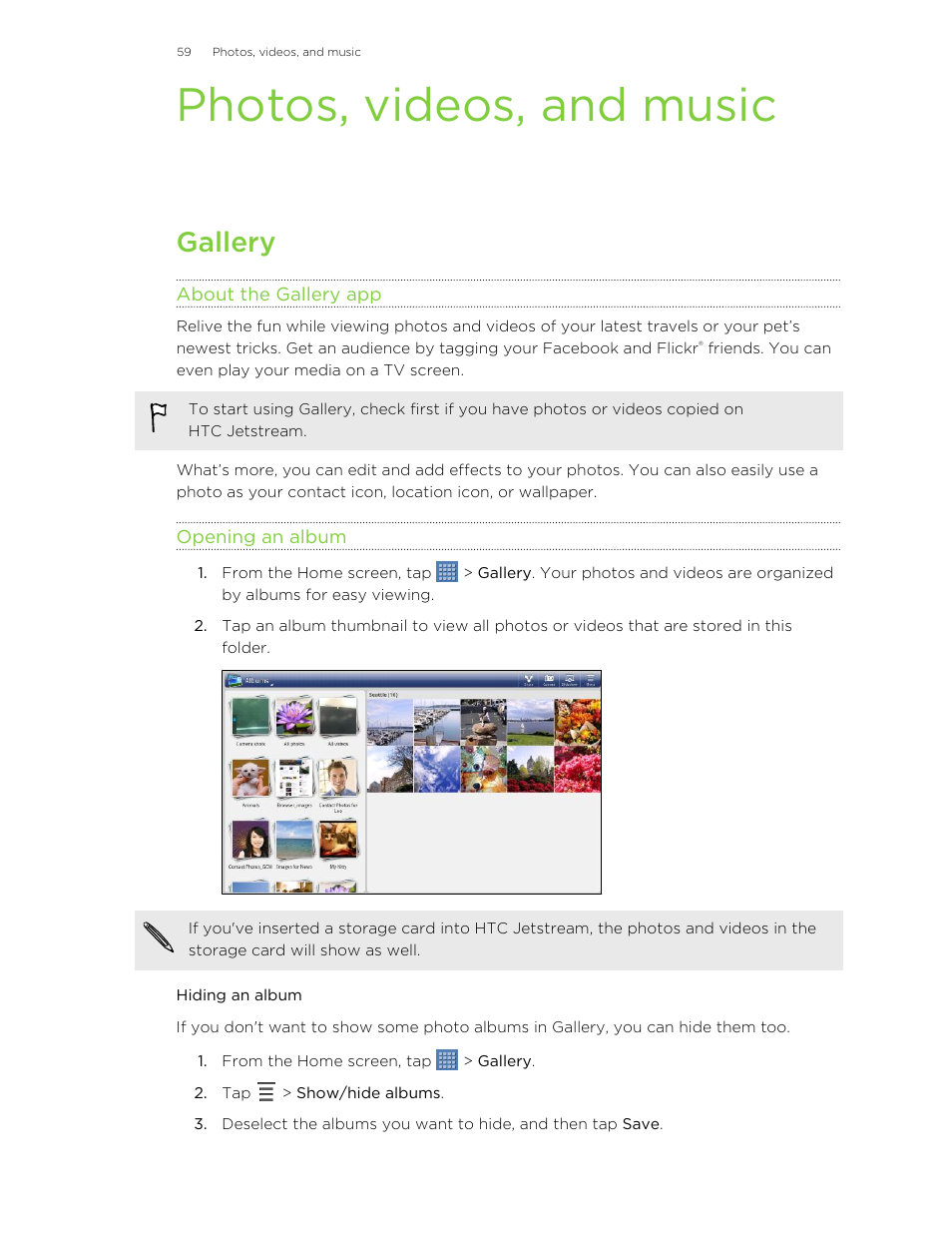 Photos, videos, and music, Gallery, About the gallery app | Opening an album, Hiding an album | HTC Jetstream User Manual | Page 59 / 174