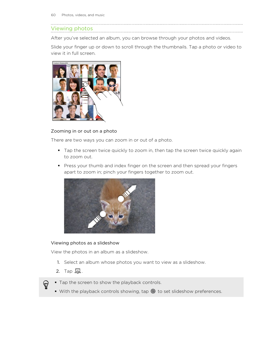 Viewing photos, Zooming in or out on a photo, Viewing photos as a slideshow | HTC Jetstream User Manual | Page 60 / 174