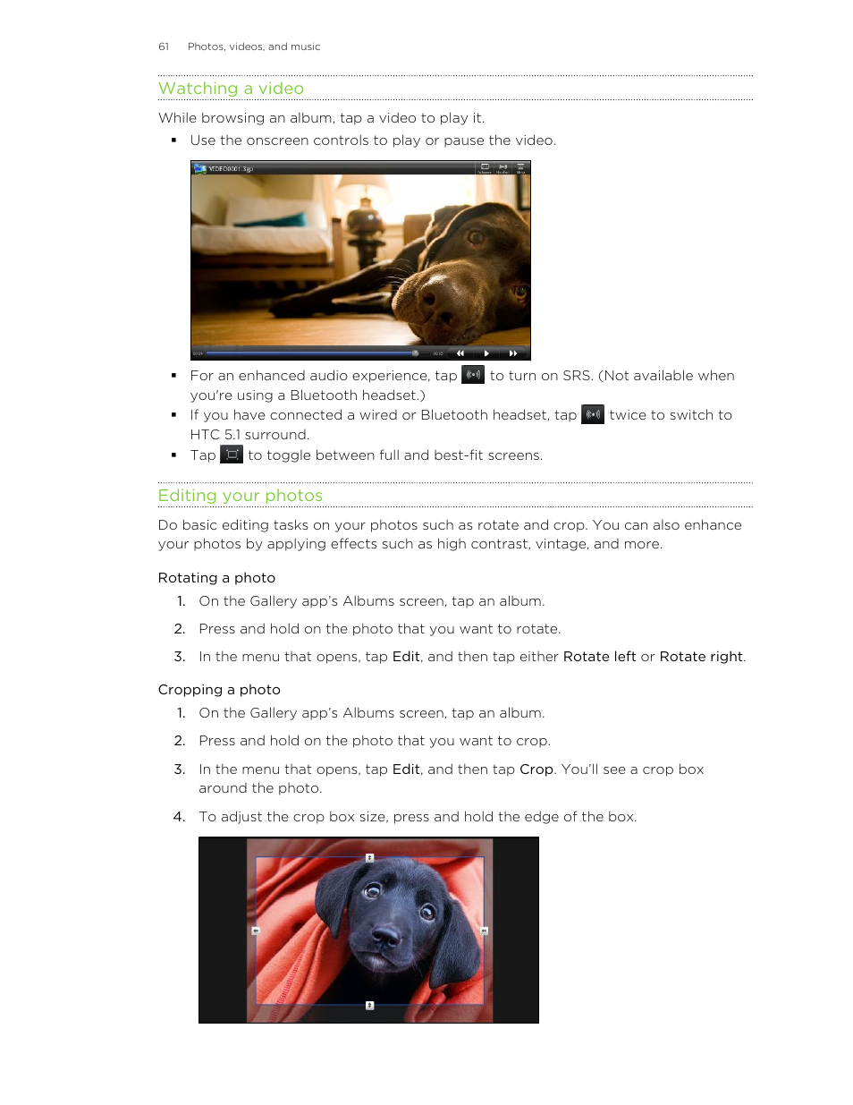 Watching a video, Editing your photos, Rotating a photo | Cropping a photo | HTC Jetstream User Manual | Page 61 / 174