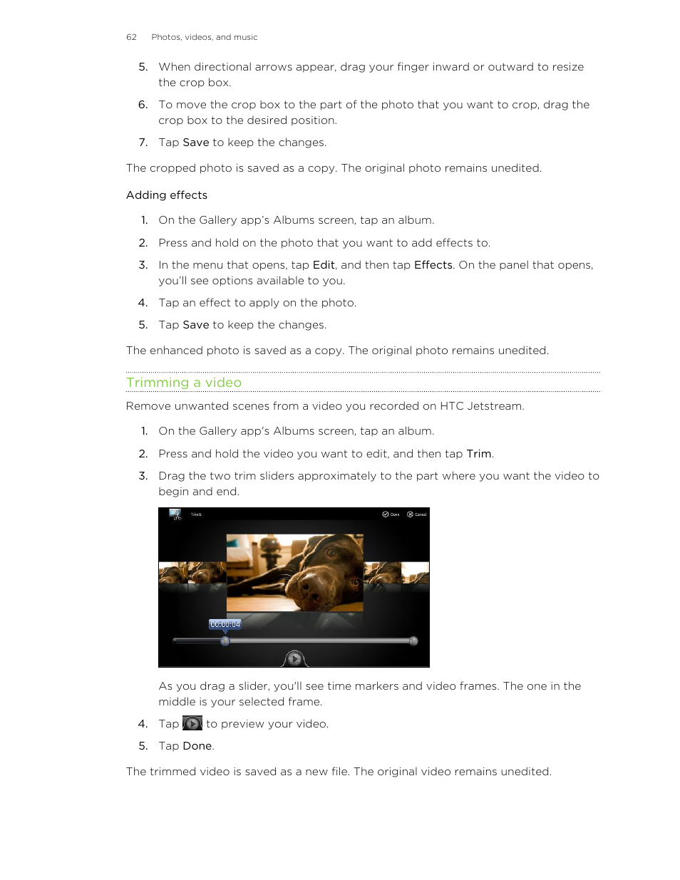Adding effects, Trimming a video | HTC Jetstream User Manual | Page 62 / 174