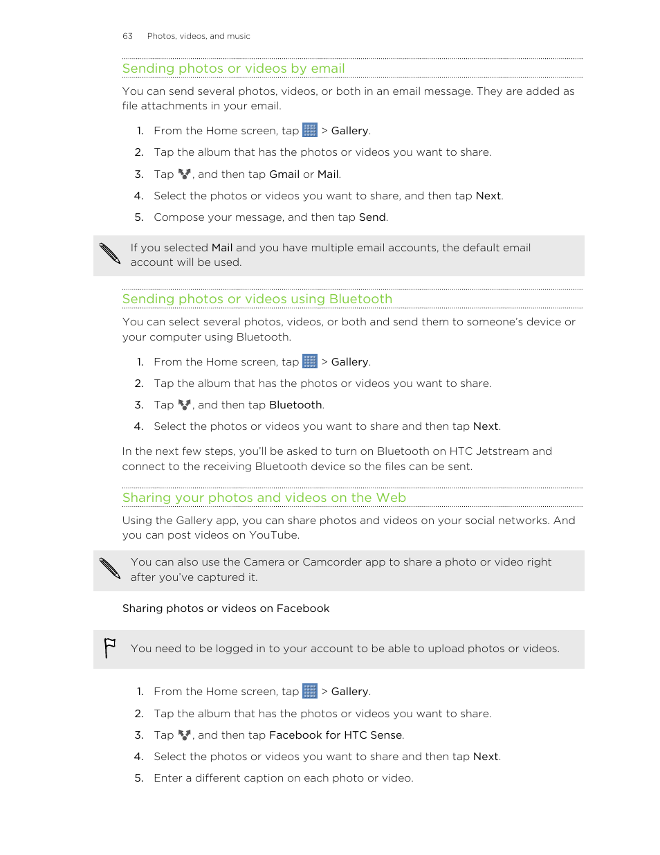 Sending photos or videos by email, Sending photos or videos using bluetooth, Sharing your photos and videos on the web | Sharing photos or videos on facebook | HTC Jetstream User Manual | Page 63 / 174
