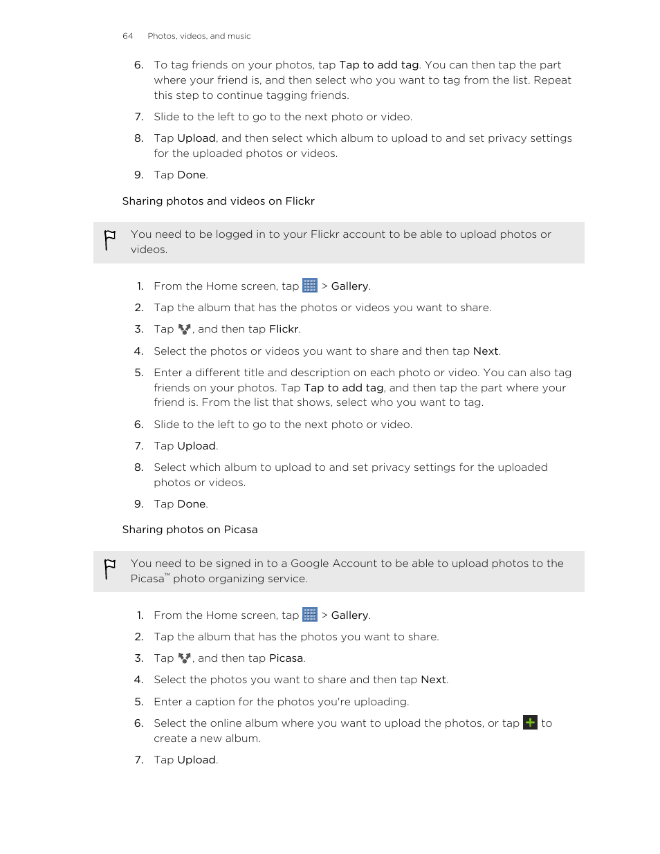 Sharing photos and videos on flickr, Sharing photos on picasa | HTC Jetstream User Manual | Page 64 / 174