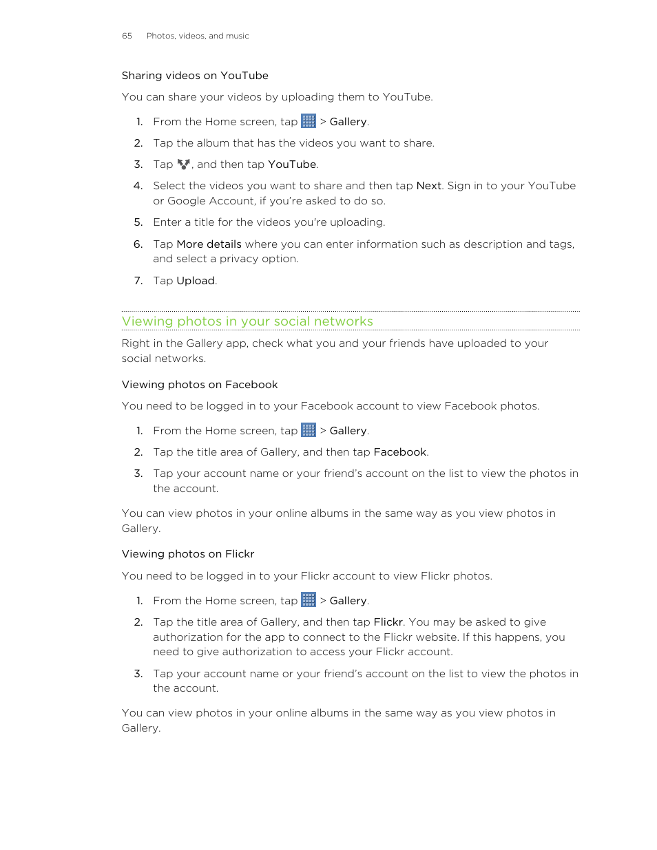 Sharing videos on youtube, Viewing photos in your social networks, Viewing photos on facebook | Viewing photos on flickr | HTC Jetstream User Manual | Page 65 / 174