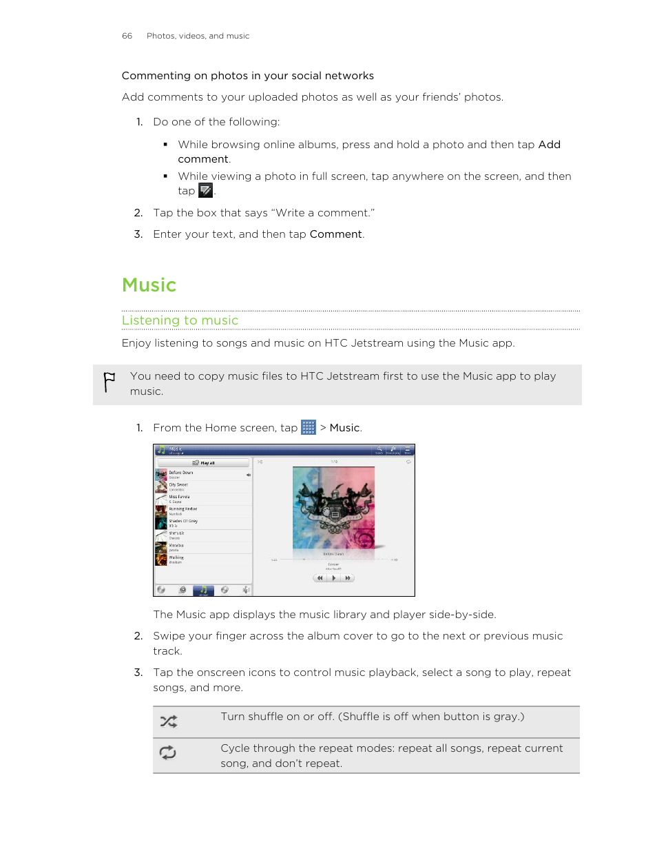 Commenting on photos in your social networks, Music, Listening to music | HTC Jetstream User Manual | Page 66 / 174