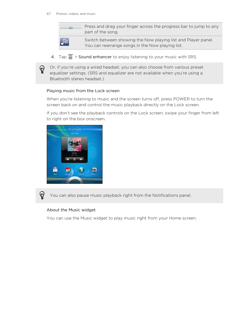 Playing music from the lock screen, About the music widget | HTC Jetstream User Manual | Page 67 / 174