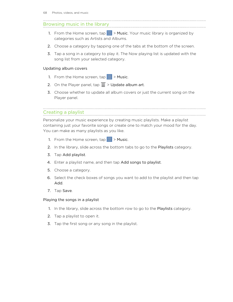 Browsing music in the library, Updating album covers, Creating a playlist | Playing the songs in a playlist | HTC Jetstream User Manual | Page 68 / 174
