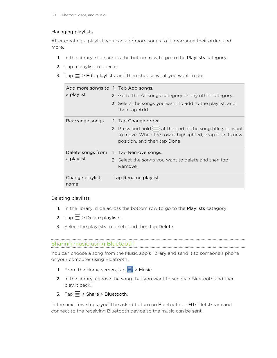 Managing playlists, Deleting playlists, Sharing music using bluetooth | HTC Jetstream User Manual | Page 69 / 174