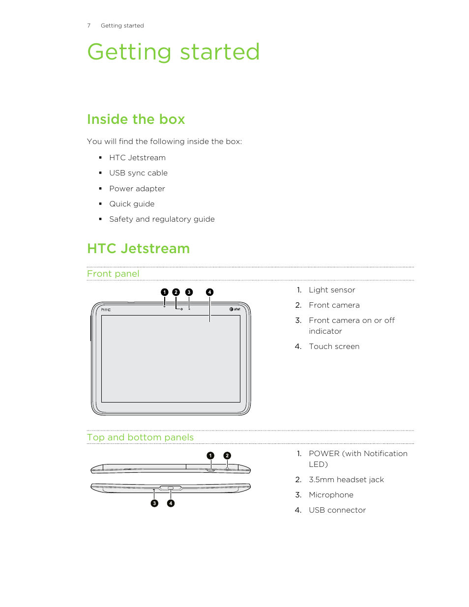 Getting started, Inside the box, Htc jetstream | Front panel, Top and bottom panels | HTC Jetstream User Manual | Page 7 / 174