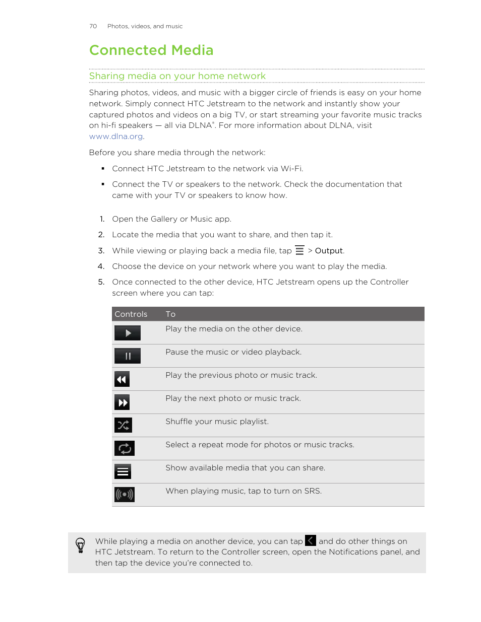 Connected media, Sharing media on your home network | HTC Jetstream User Manual | Page 70 / 174