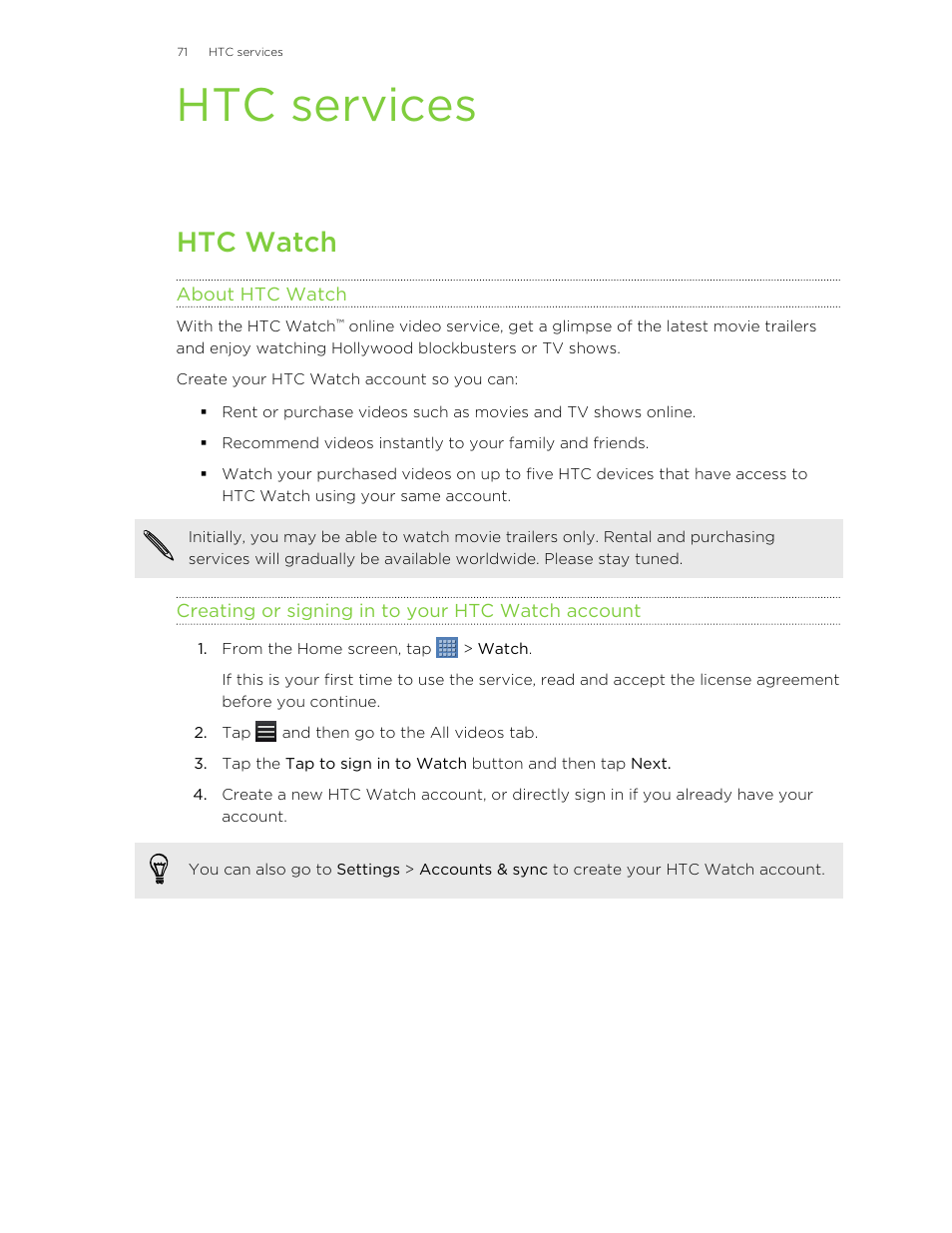 Htc services, Htc watch, About htc watch | Creating or signing in to your htc watch account | HTC Jetstream User Manual | Page 71 / 174