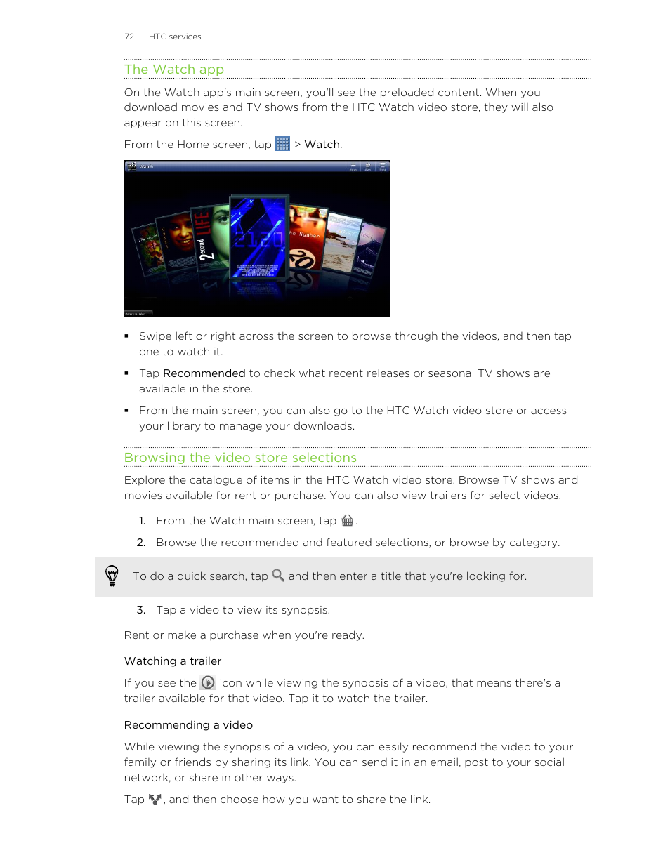 The watch app, Browsing the video store selections, Watching a trailer | Recommending a video | HTC Jetstream User Manual | Page 72 / 174
