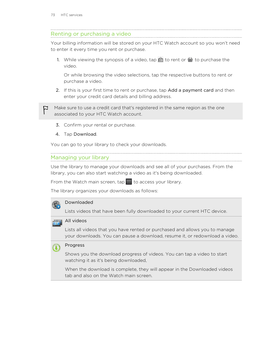 Renting or purchasing a video, Managing your library | HTC Jetstream User Manual | Page 73 / 174