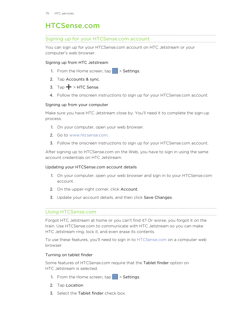 Htcsense.com, Signing up for your htcsense.com account, Signing up from htc jetstream | Signing up from your computer, Updating your htcsense.com account details, Using htcsense.com, Turning on tablet finder | HTC Jetstream User Manual | Page 75 / 174