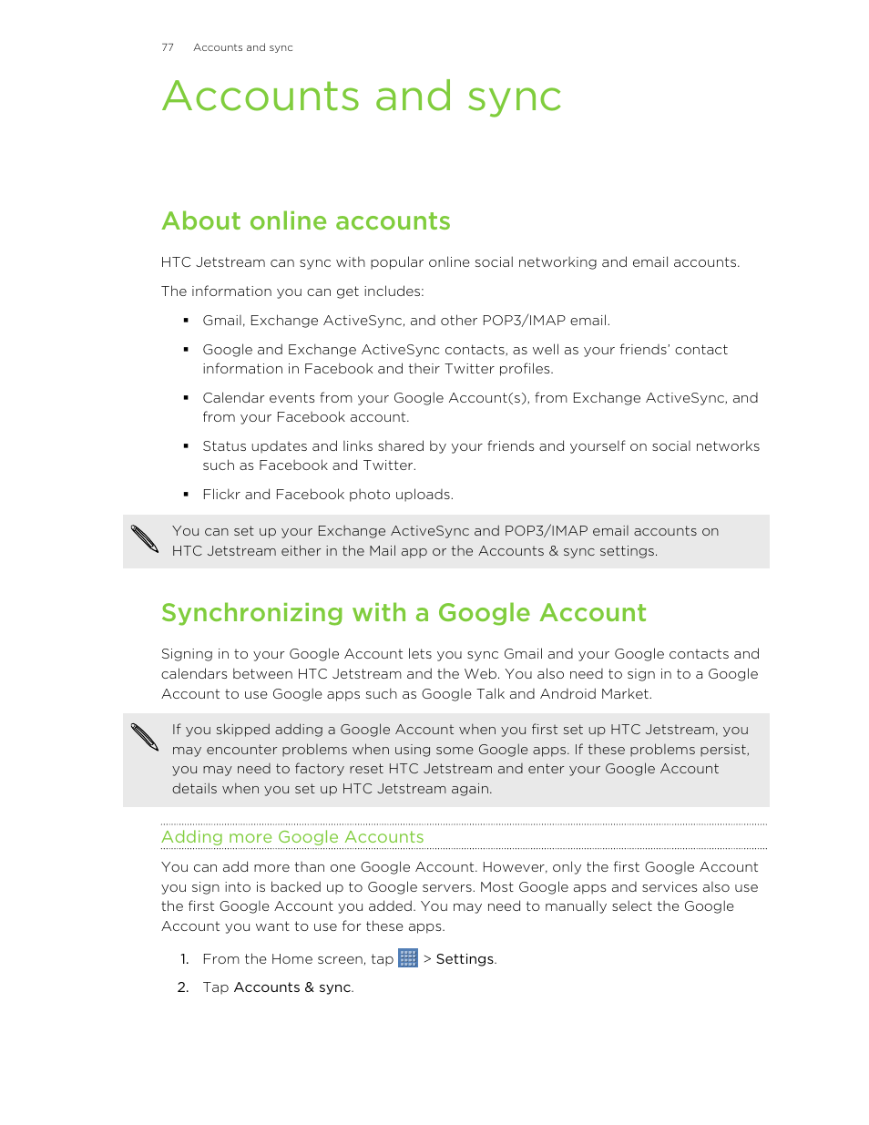 Accounts and sync, About online accounts, Synchronizing with a google account | Adding more google accounts | HTC Jetstream User Manual | Page 77 / 174