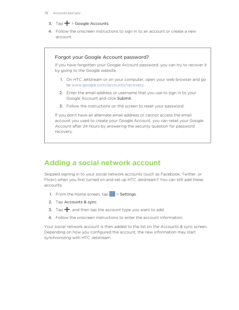 Forgot your google account password, Adding a social network account | HTC Jetstream User Manual | Page 78 / 174