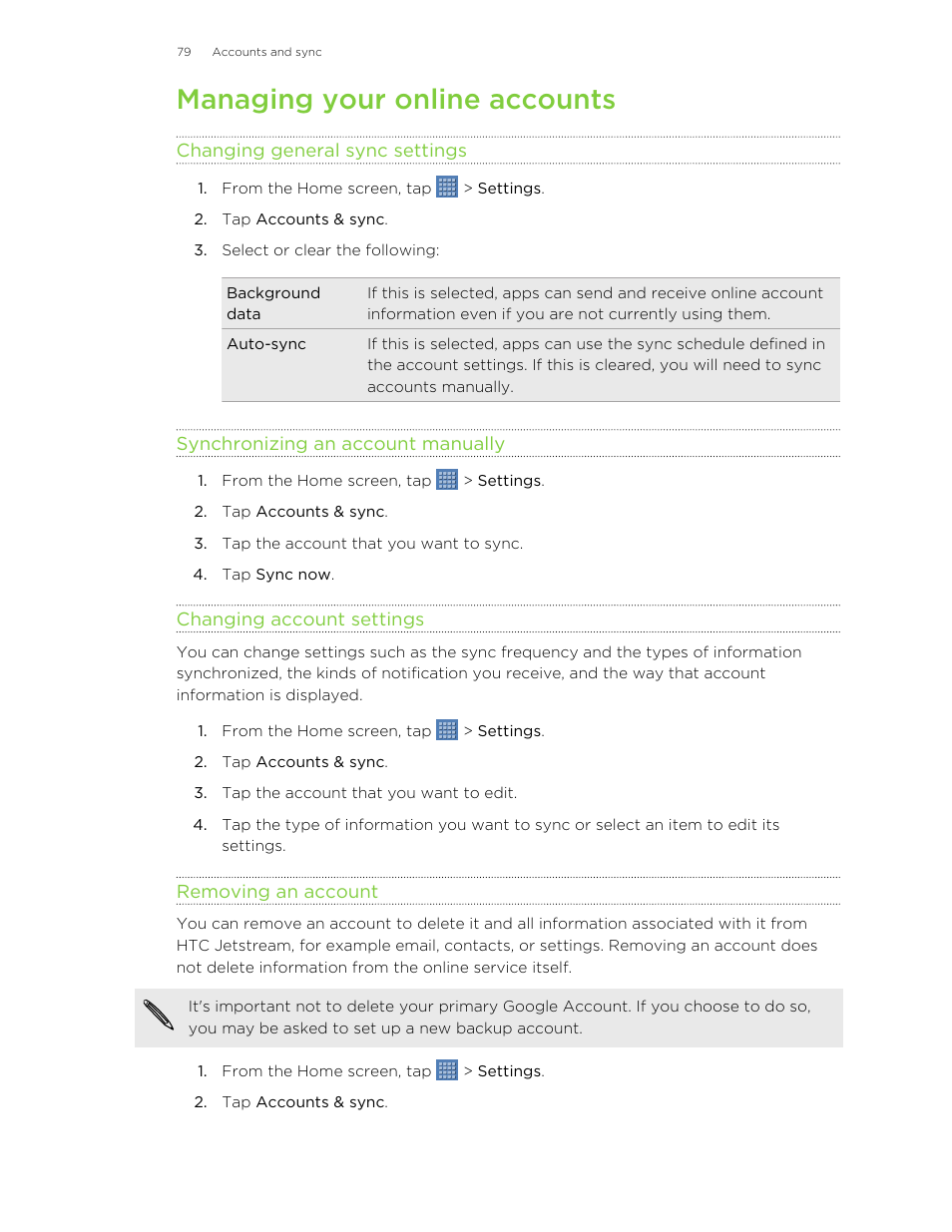 Managing your online accounts, Changing general sync settings, Synchronizing an account manually | Changing account settings, Removing an account | HTC Jetstream User Manual | Page 79 / 174