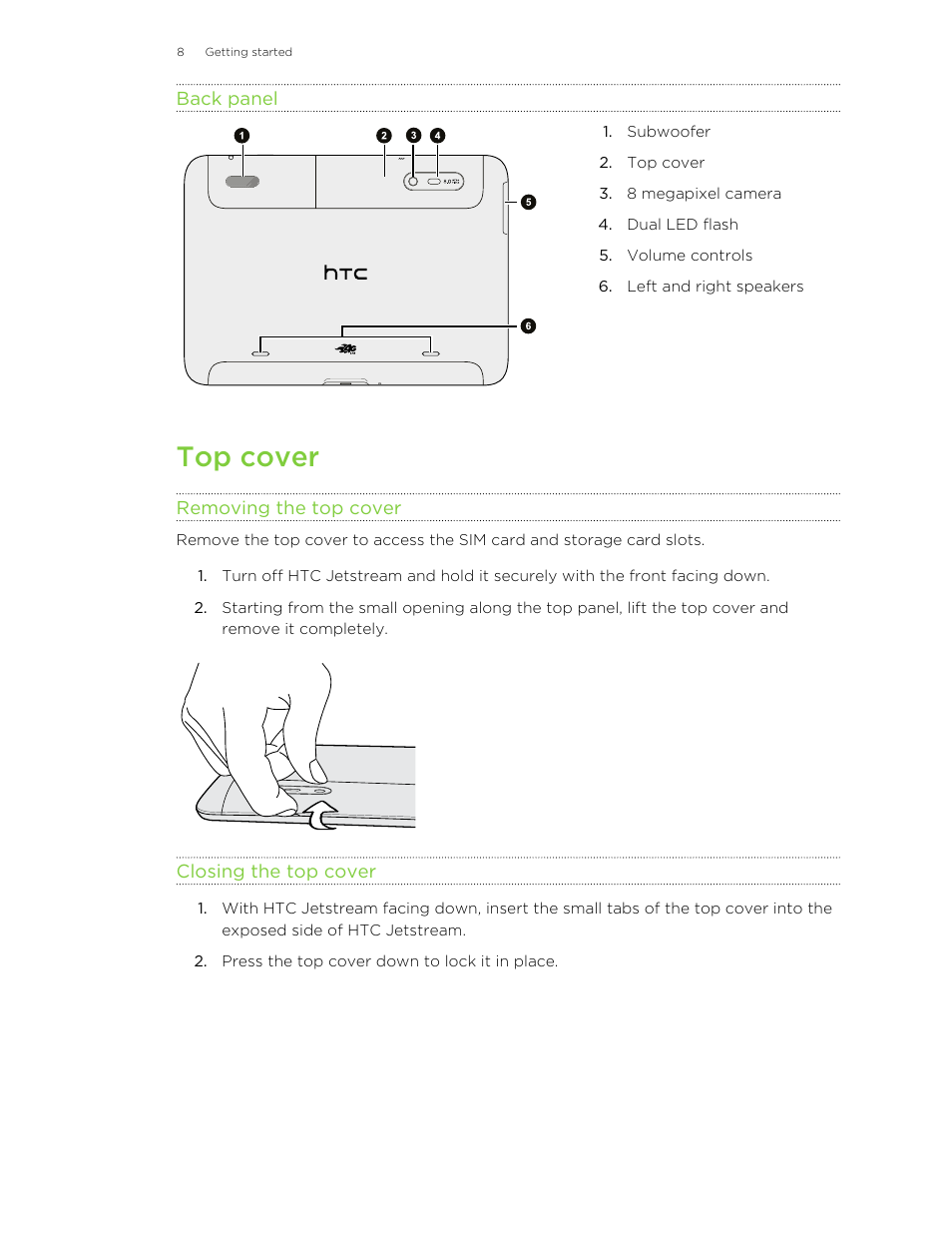 Back panel, Top cover, Removing the top cover | Closing the top cover | HTC Jetstream User Manual | Page 8 / 174