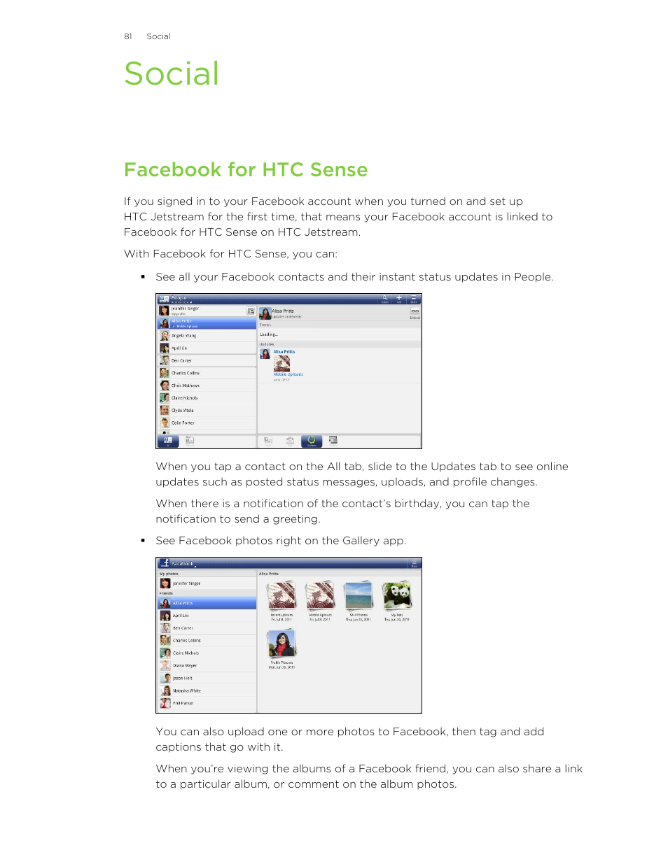 Social, Facebook for htc sense | HTC Jetstream User Manual | Page 81 / 174