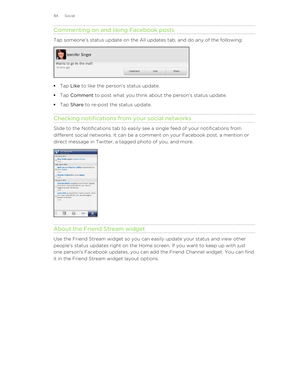 Commenting on and liking facebook posts, Checking notifications from your social networks, About the friend stream widget | HTC Jetstream User Manual | Page 84 / 174