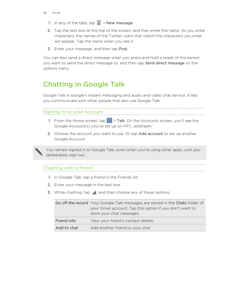 Chatting in google talk, Signing in to your account, Chatting with a friend | HTC Jetstream User Manual | Page 86 / 174