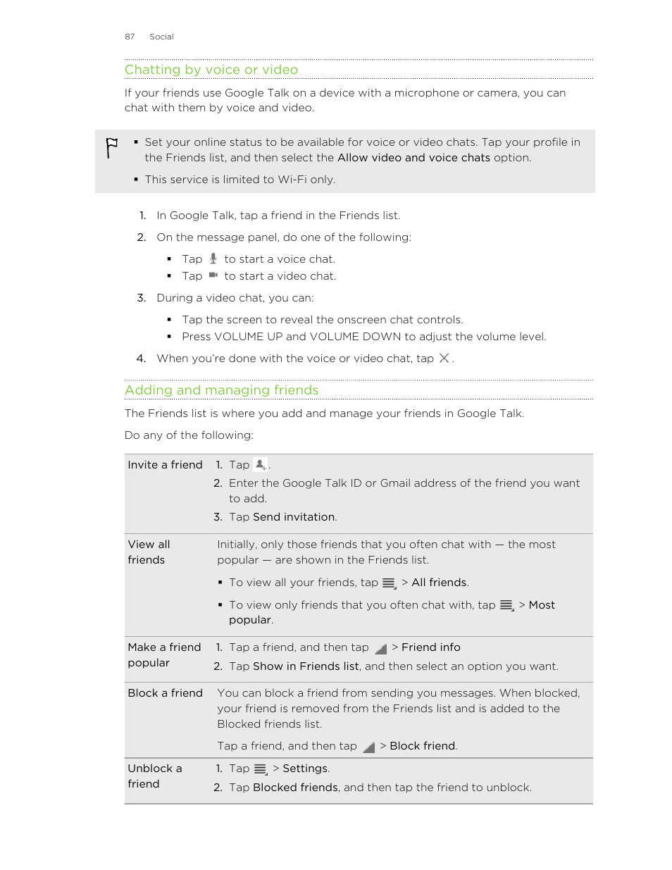 Chatting by voice or video, Adding and managing friends | HTC Jetstream User Manual | Page 87 / 174