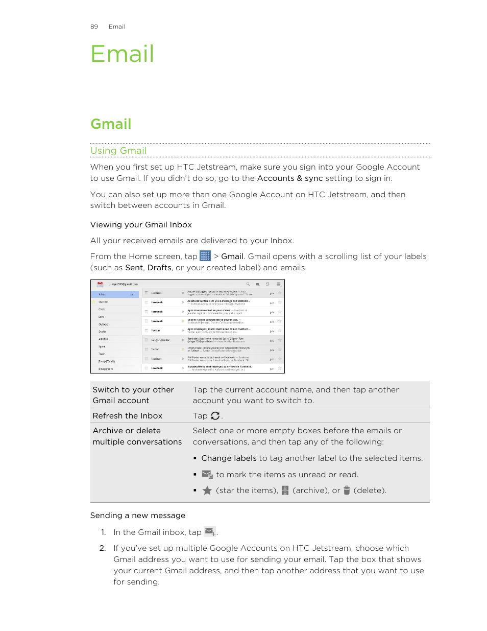 Email, Gmail, Using gmail | Viewing your gmail inbox, Sending a new message | HTC Jetstream User Manual | Page 89 / 174